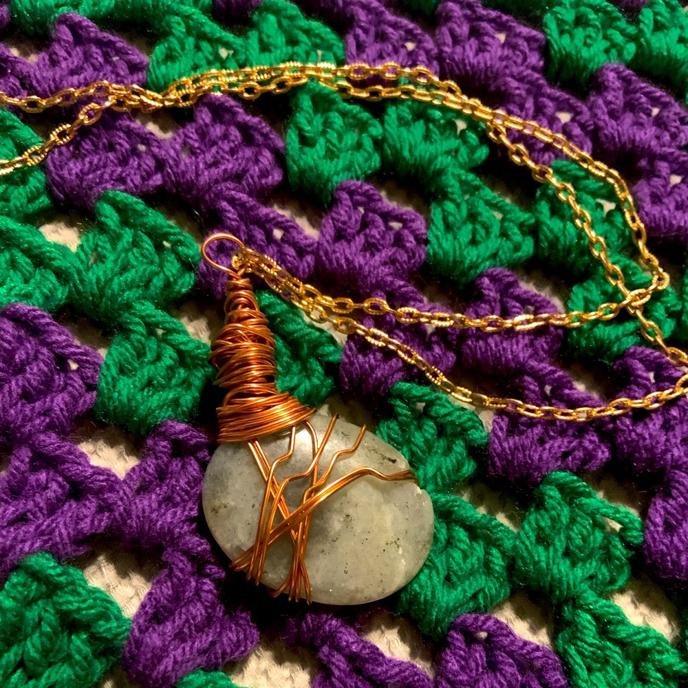 Grey agate stone handmade new pendant necklace copper wrapped
